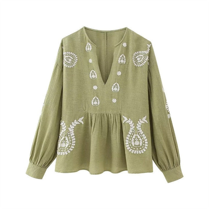 Geborduurde katoenen damesblouse met V-hals - Maialen