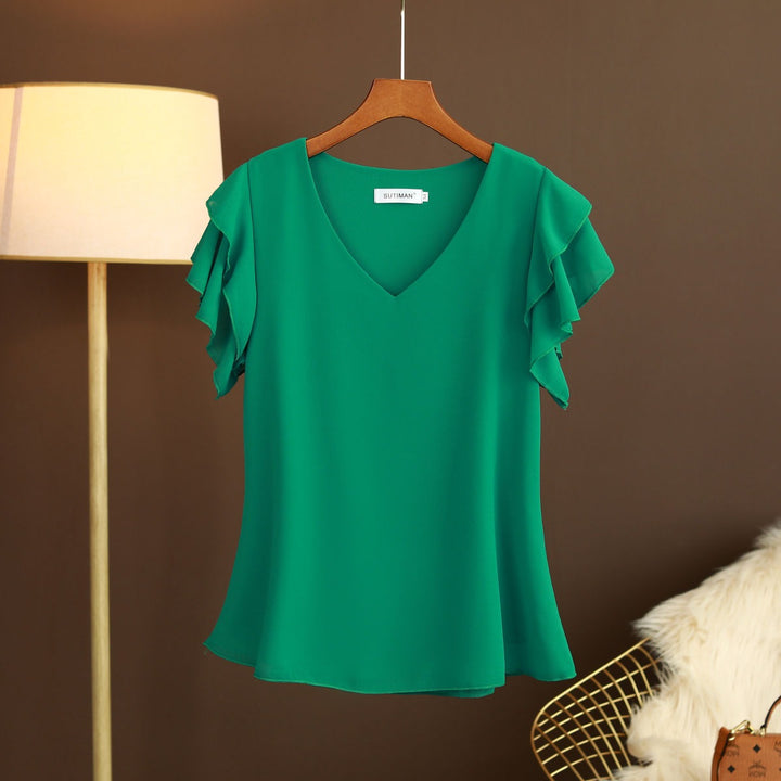 Damesblouse van lichtgewicht chiffon met ruches aan de mouwen en V-hals - Elvira