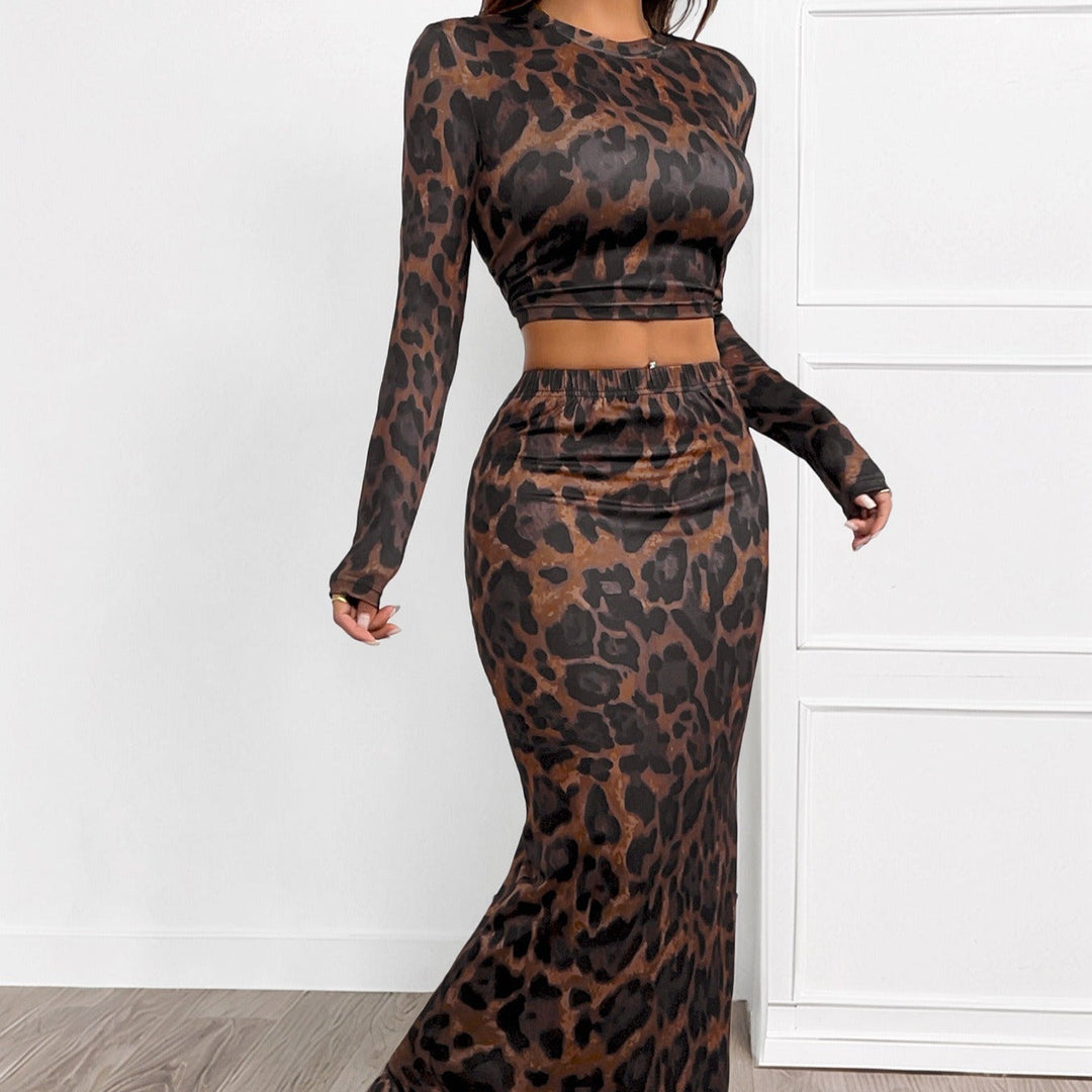 Tweedelige skinny damesset met dierenprint - Parel