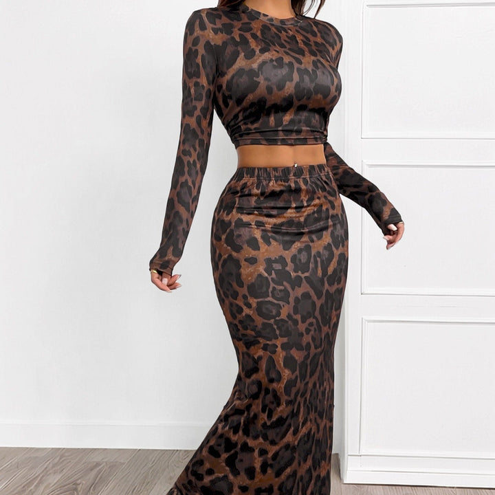 Tweedelige skinny damesset met dierenprint - Parel