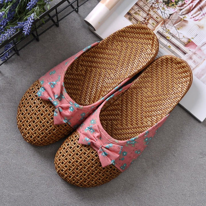 Damesslippers geweven raffia met bloemenstrik - Arumi