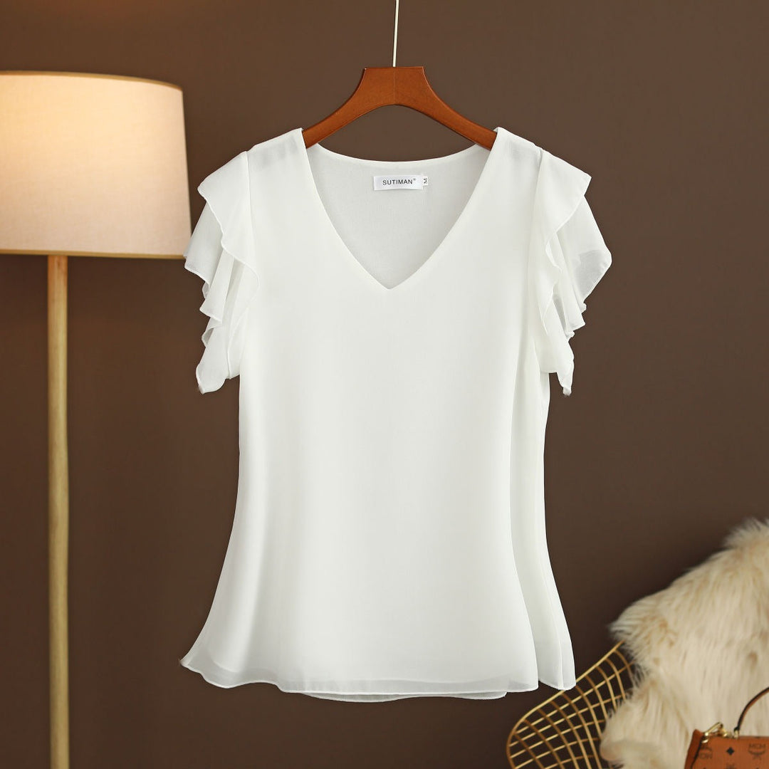 Damesblouse van lichtgewicht chiffon met ruches aan de mouwen en V-hals - Elvira