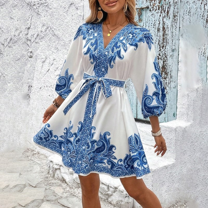 Korte satijnen damesjurk met bohemian print in tuniekstijl - Nadine