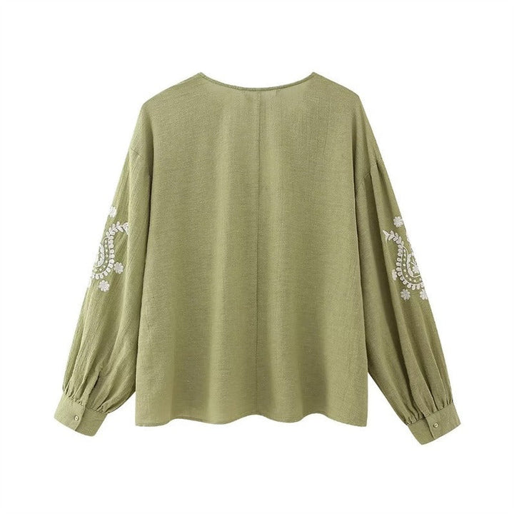 Geborduurde katoenen damesblouse met V-hals - Maialen
