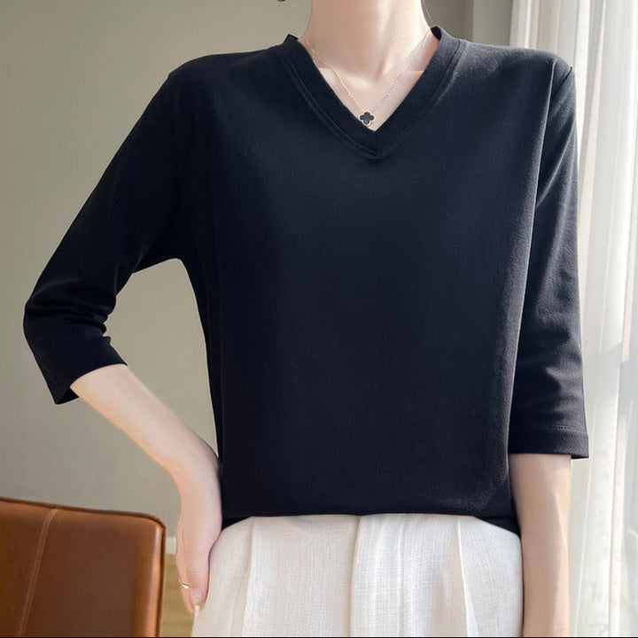 Dames-T-shirt met V-hals, Franse mouw, zacht katoen - Élodie