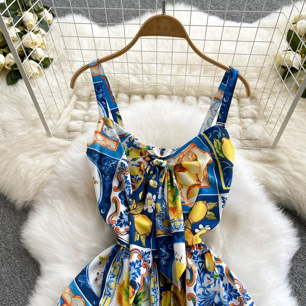 Lange damesjurk met citrusprint en strapless model - Nina
