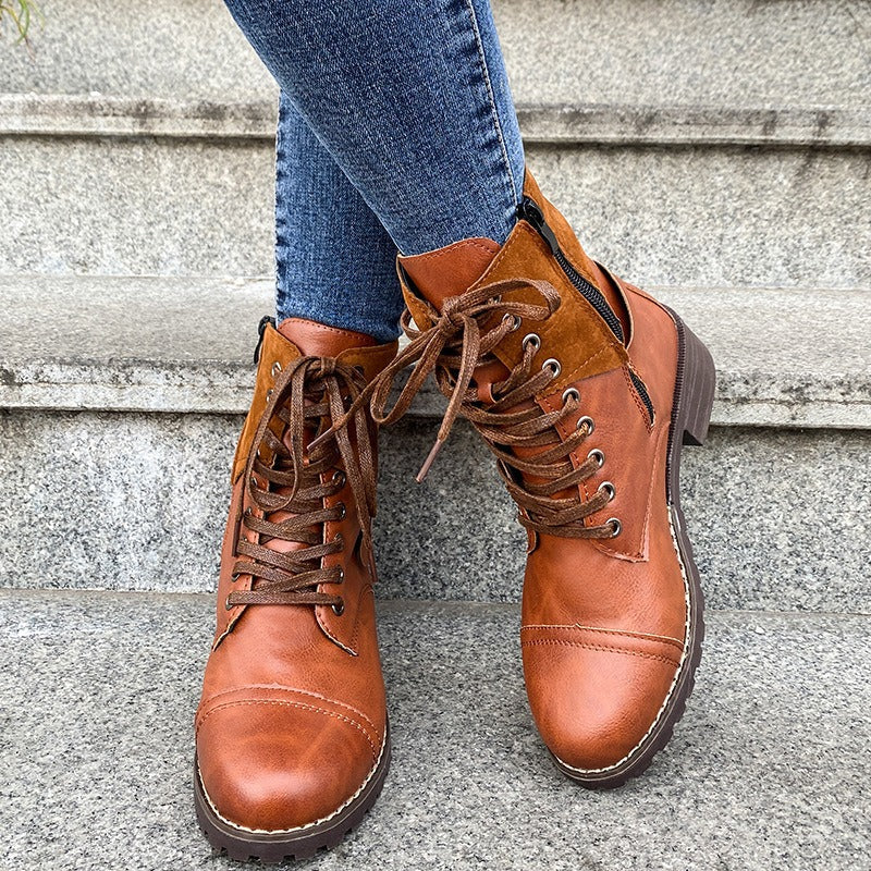 Dames veterlaarzen synthetisch leer mid-cut stoere stijl - Thalia