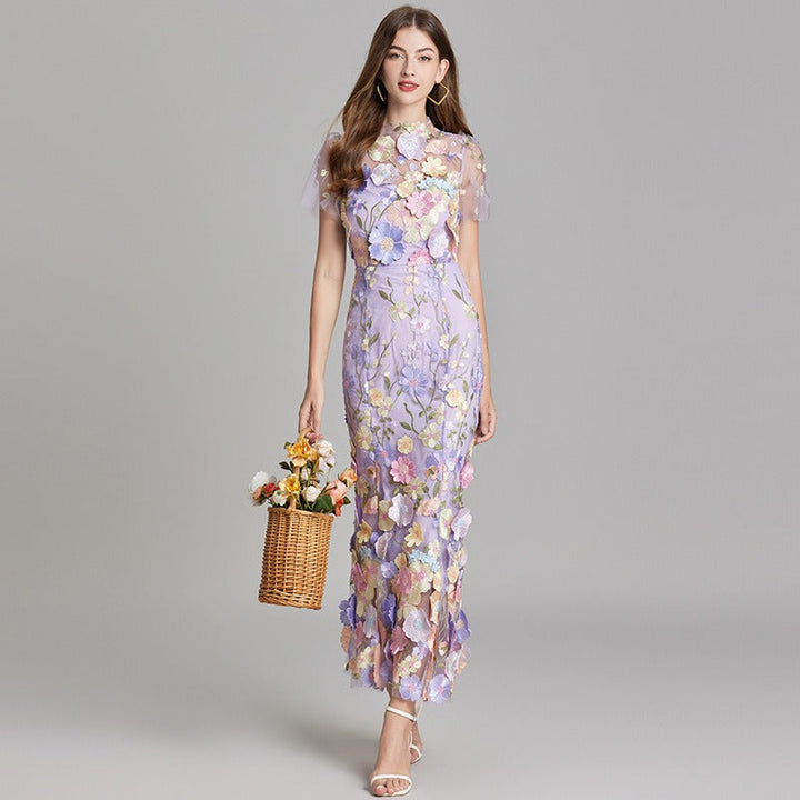Geborduurde lange jurk met bloemen - Fiorella
