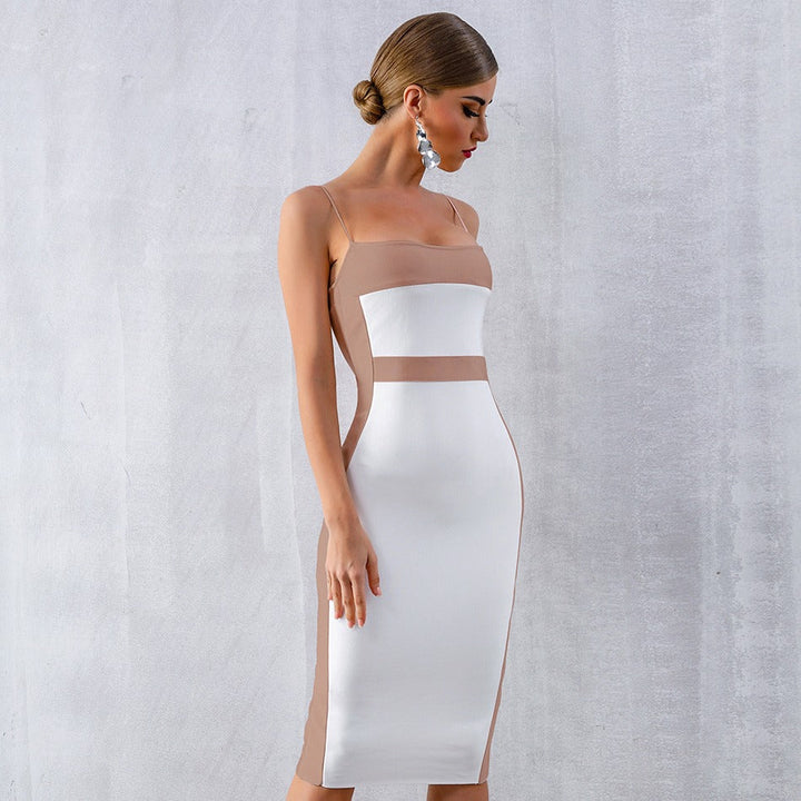 Dames midi-jurk met dunne bandjes en tweekleurig design - Teresa