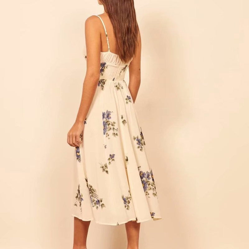 Gebloemde midi-jurk voor dames met dunne bandjes en gerimpelde taille - Isadora