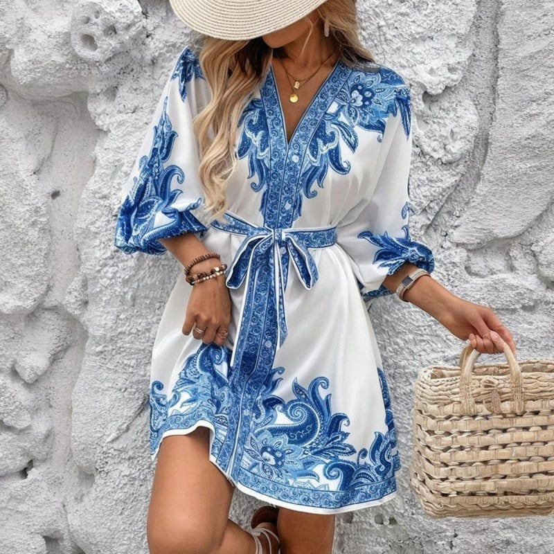Korte satijnen damesjurk met bohemian print in tuniekstijl - Nadine