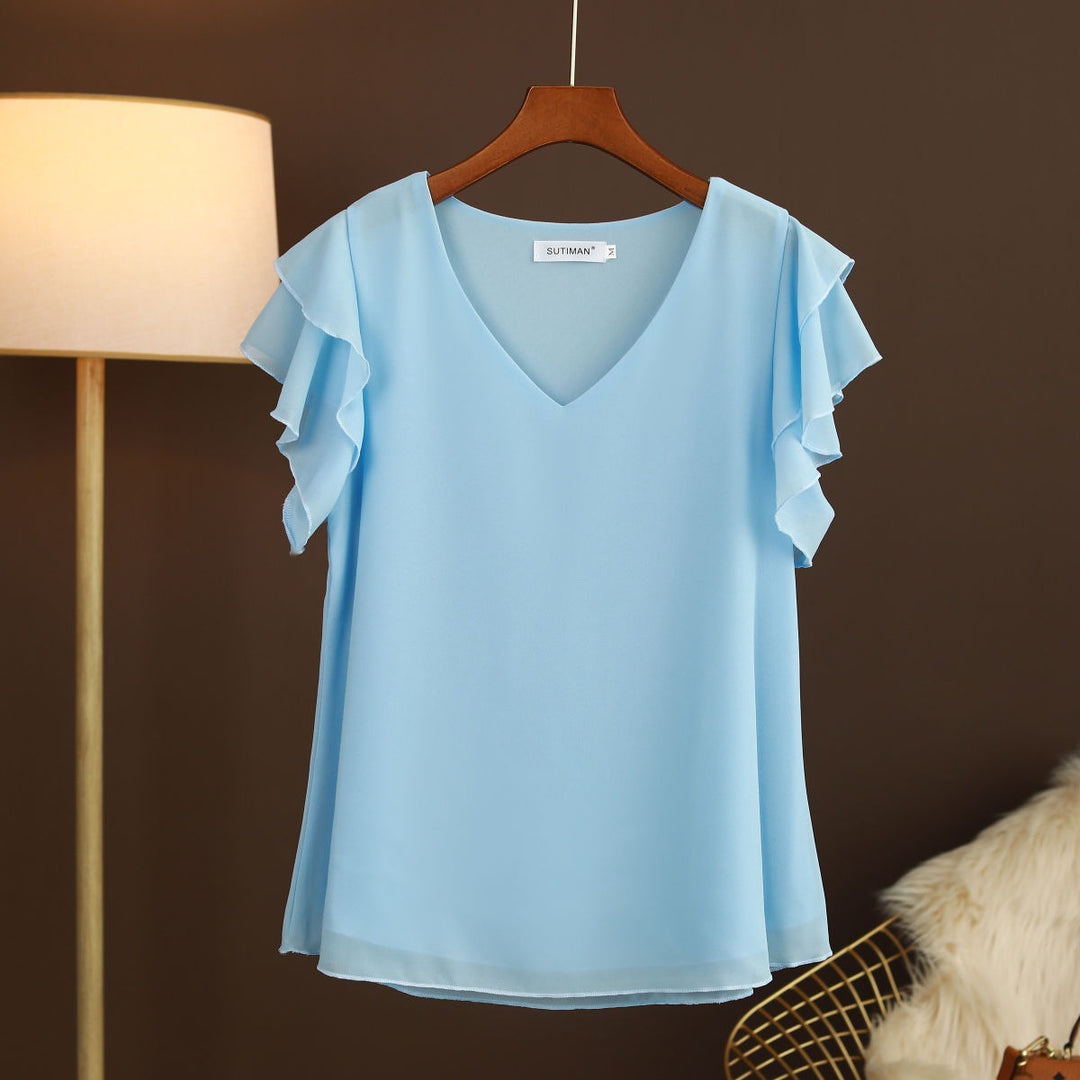 Damesblouse van lichtgewicht chiffon met ruches aan de mouwen en V-hals - Elvira