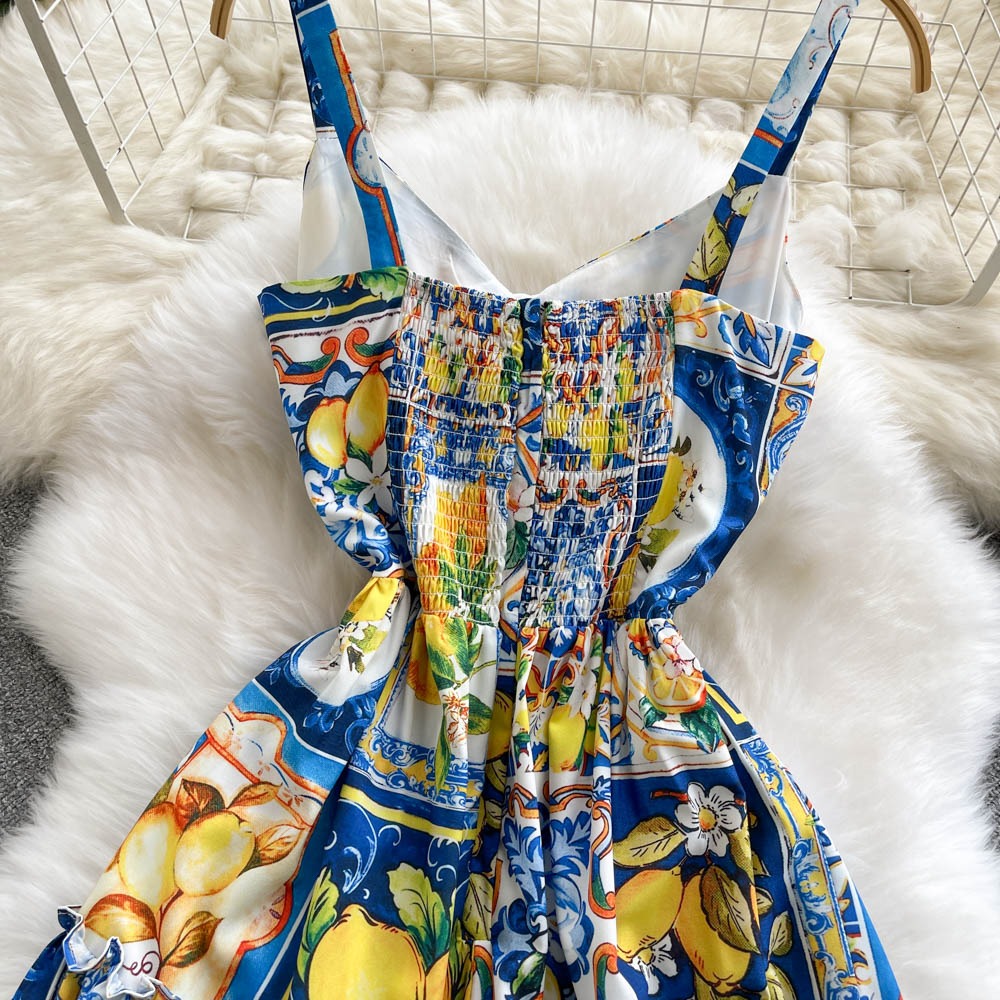 Lange damesjurk met citrusprint en strapless model - Nina