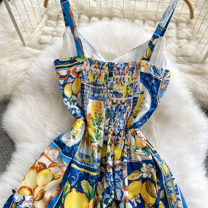 Lange damesjurk met citrusprint en strapless model - Nina