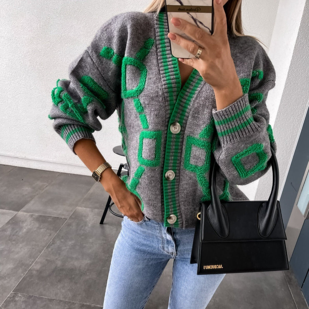 Gebreid damesvest met geometrische print in kleurrijke stijl - Ninelle