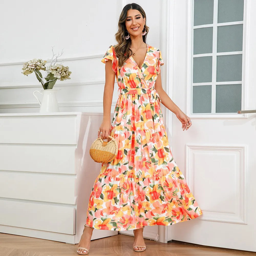 Lange vloeiende gekruiste jurk met bloemen - Zulma