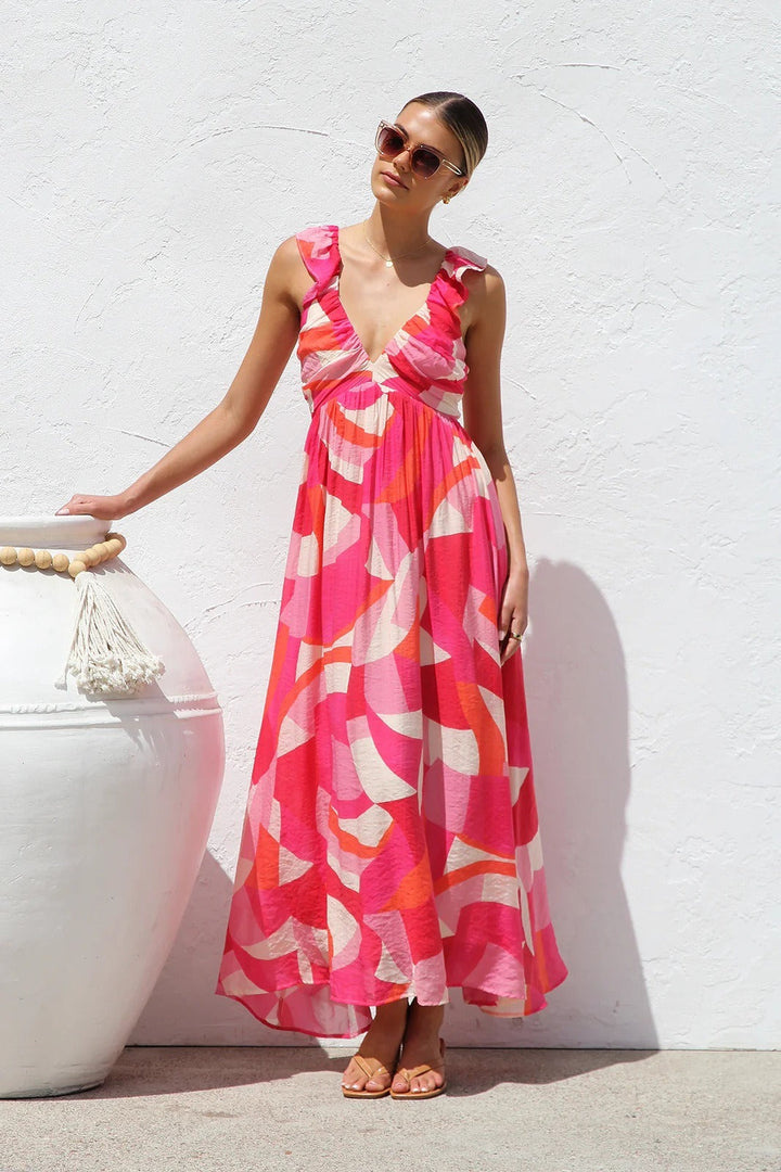 Vrouw lange jurk abstracte print diepe hals - Dalira