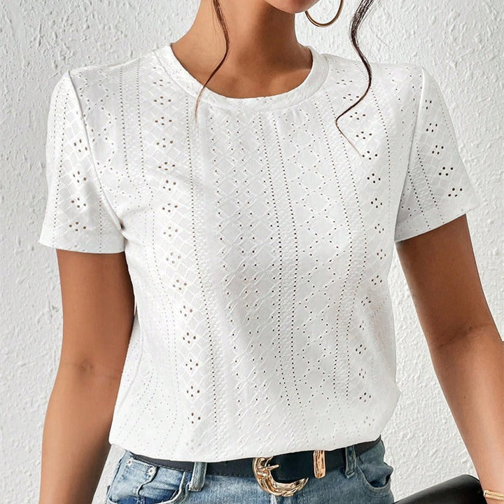 Geborduurd katoenen dames-T-shirt met korte mouwen en ronde hals - Livia
