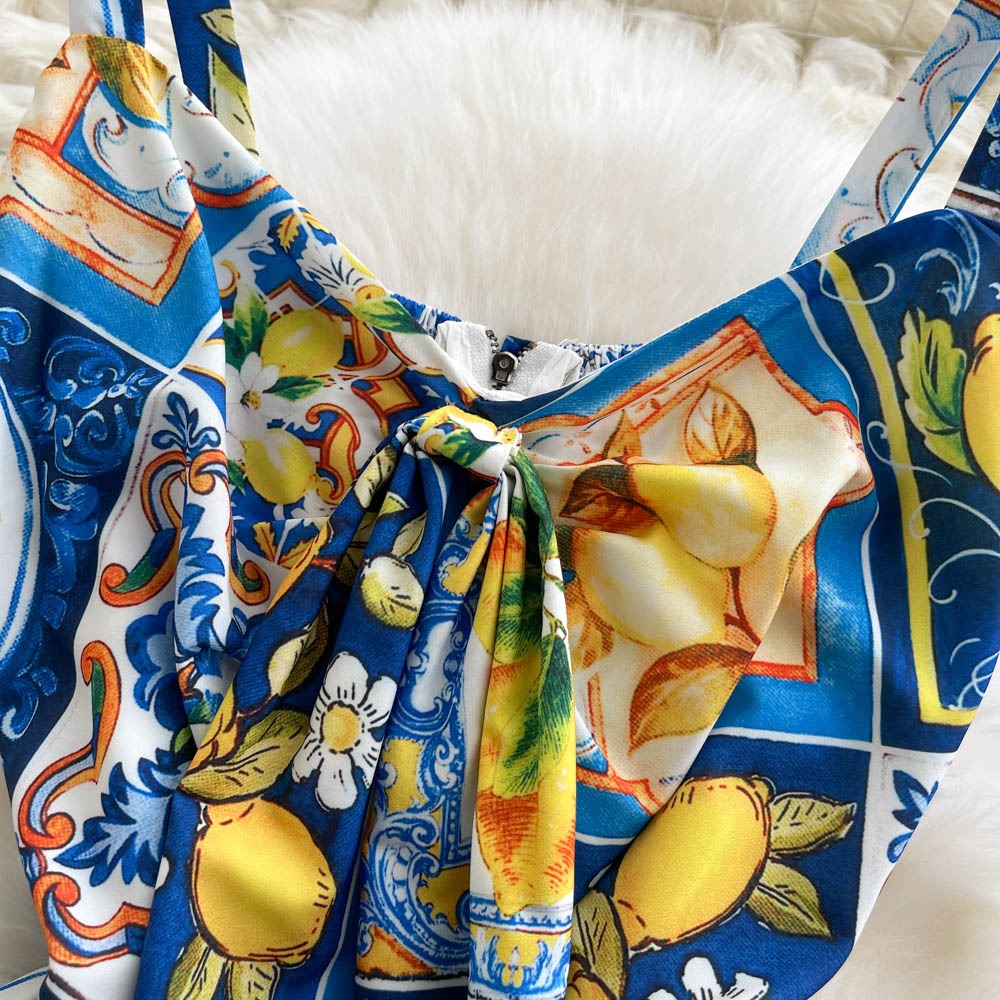 Lange damesjurk met citrusprint en strapless model - Nina