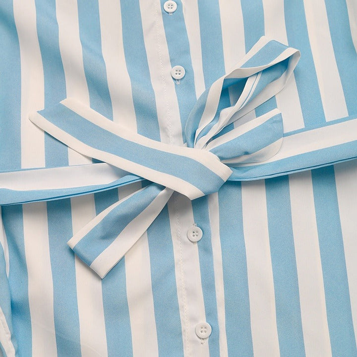 Damesblouse met lange mouwen, verticale strepen en ceintuur - Marieke