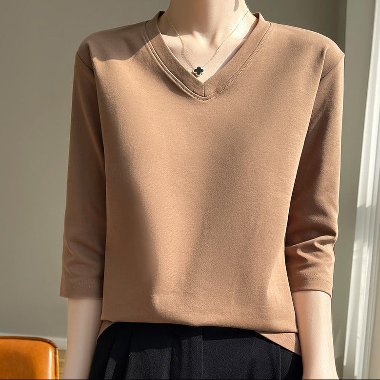 Dames-T-shirt met V-hals, Franse mouw, zacht katoen - Élodie
