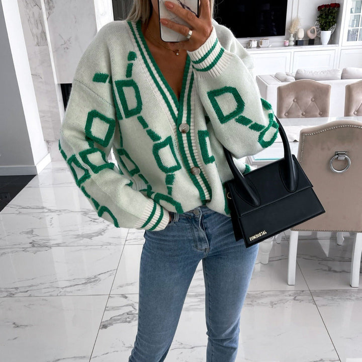 Gebreid damesvest met geometrische print in kleurrijke stijl - Ninelle