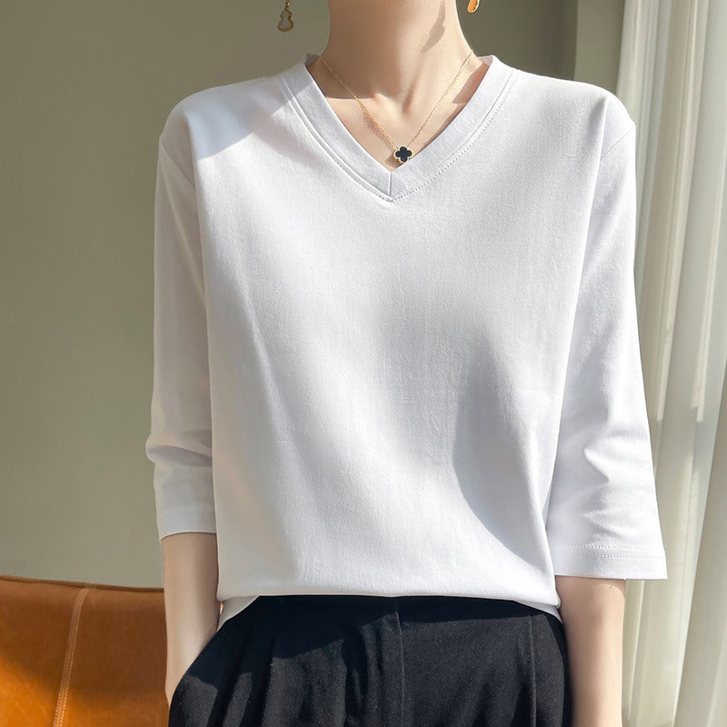 Dames-T-shirt met V-hals, Franse mouw, zacht katoen - Élodie