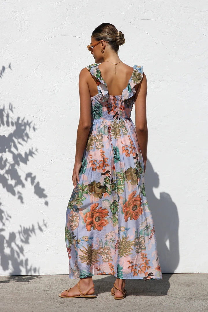 Vrouw lange jurk abstracte print diepe hals - Dalira
