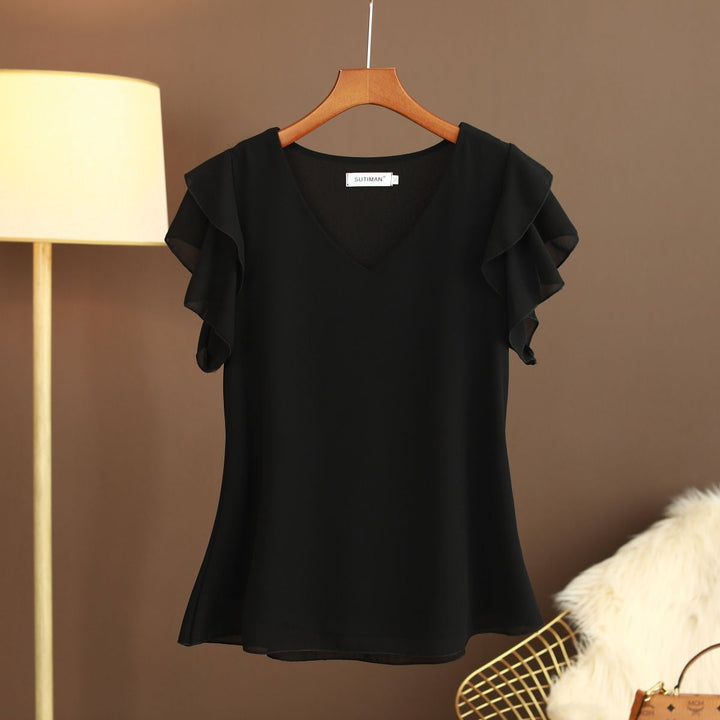 Damesblouse van lichtgewicht chiffon met ruches aan de mouwen en V-hals - Elvira