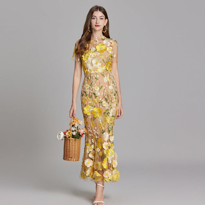 Geborduurde lange jurk met bloemen - Fiorella