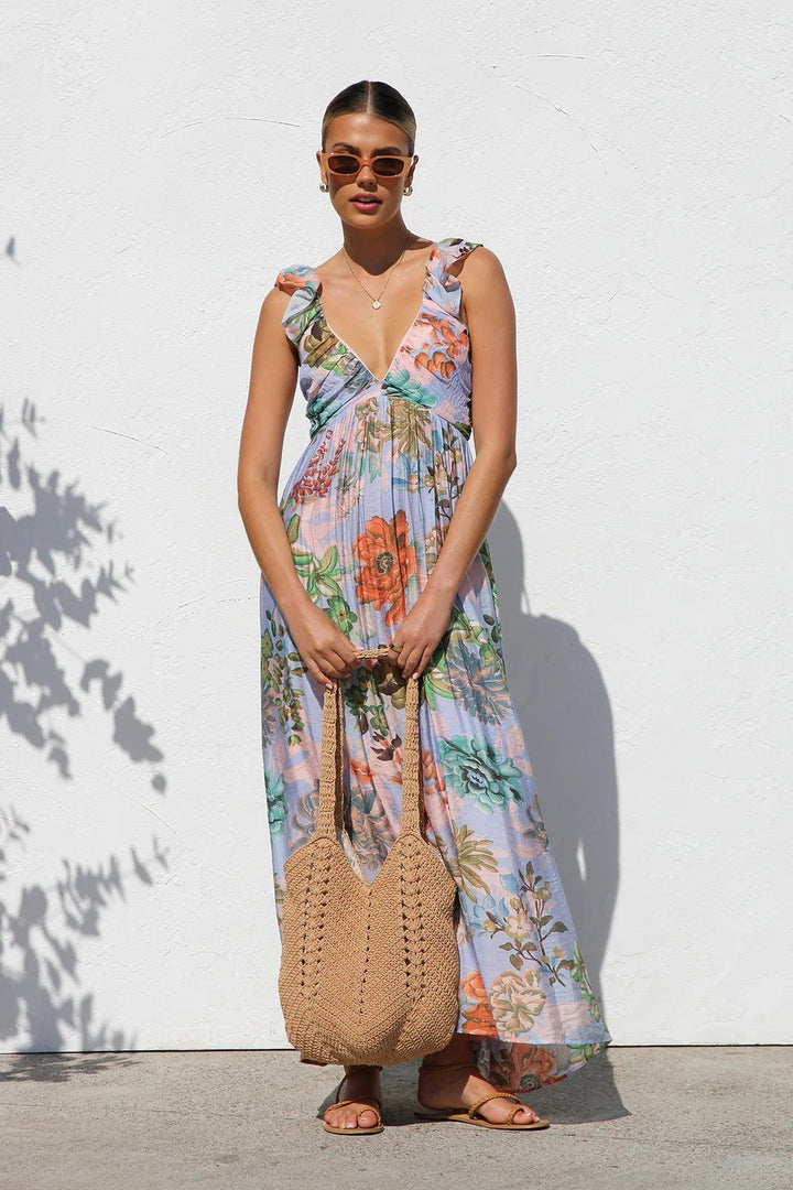 Vrouw lange jurk abstracte print diepe hals - Dalira