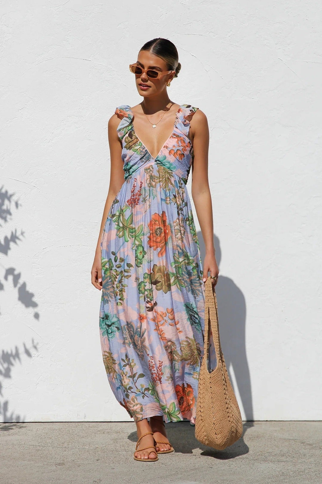 Vrouw lange jurk abstracte print diepe hals - Dalira
