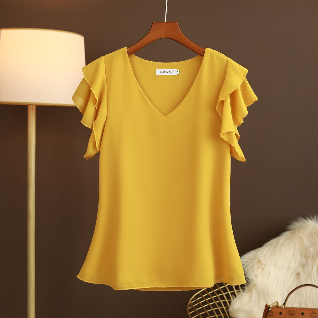 Damesblouse van lichtgewicht chiffon met ruches aan de mouwen en V-hals - Elvira