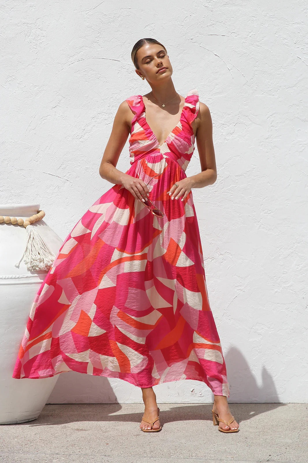 Vrouw lange jurk abstracte print diepe hals - Dalira