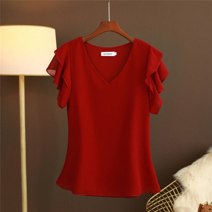 Damesblouse van lichtgewicht chiffon met ruches aan de mouwen en V-hals - Elvira