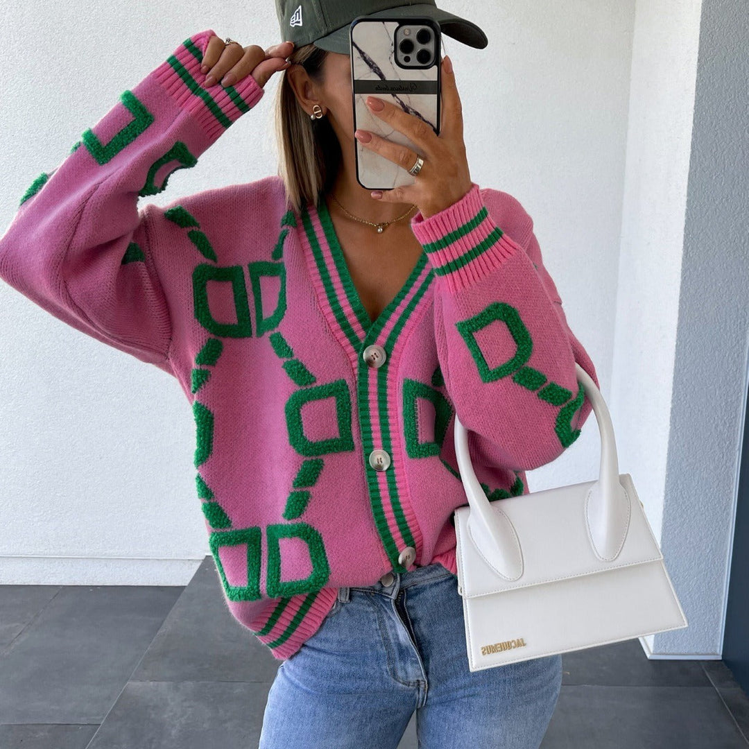 Gebreid damesvest met geometrische print in kleurrijke stijl - Ninelle