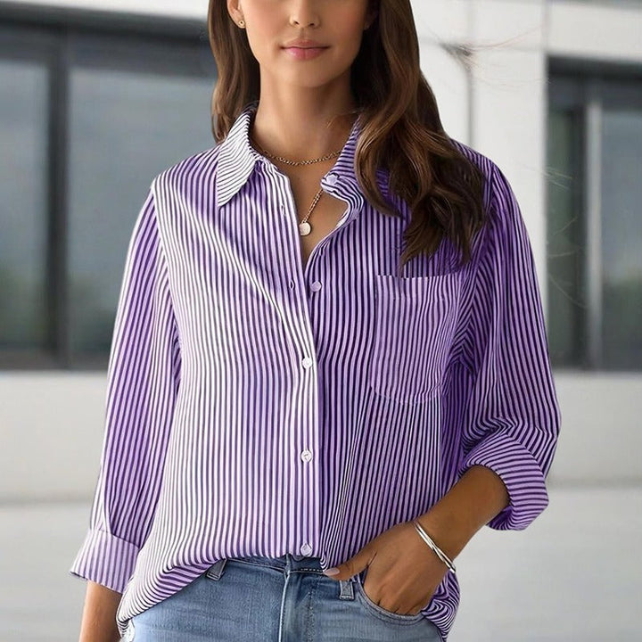 Gestreepte damesblouse met lange mouwen en knoopsluiting voor - Carla