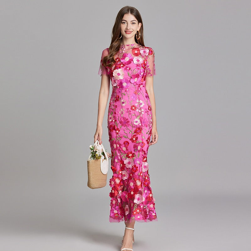 Geborduurde lange jurk met bloemen - Fiorella