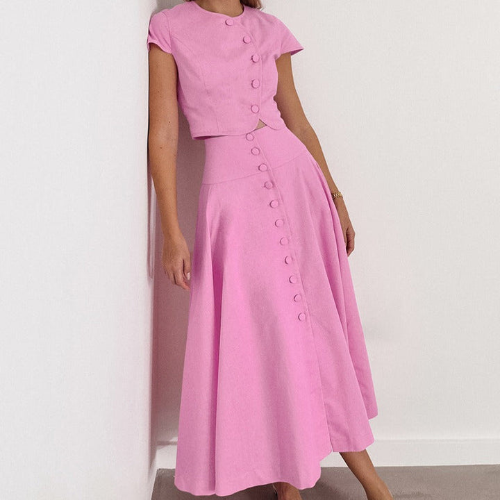 Tweedelige damesset, top met knopen en uitlopende midirok - Valeria