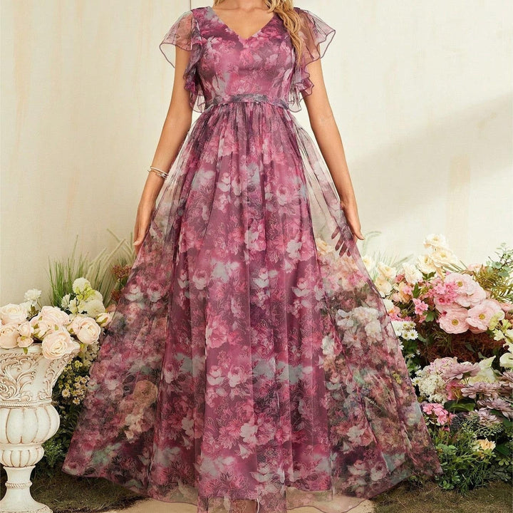 Lange damesjurk van bedrukte chiffon, luchtige stijl - Mariana