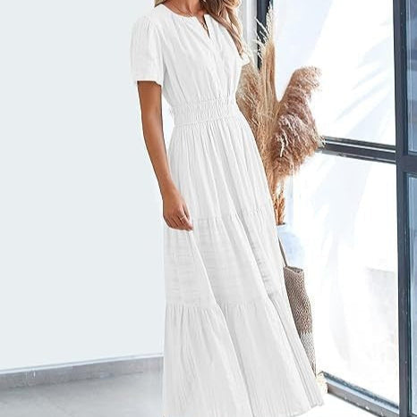 Damesjurk met plooi en korte mouwen in bohemian stijl - Lorena