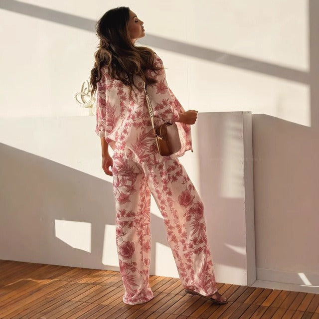 Damesset met rechte broek en shirt met bloemenprint - Fabienne