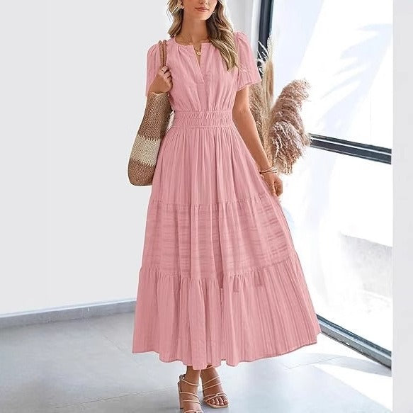 Damesjurk met plooi en korte mouwen in bohemian stijl - Lorena
