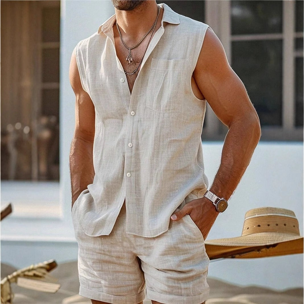 Heren mouwloos linnen zomerse casual set - Alfredo