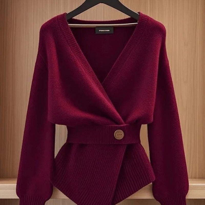 Geribde gebreide gekruiste damestrui met ceintuur in elegante stijl - Matildee