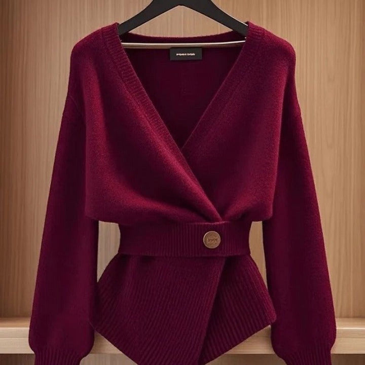 Geribde gebreide gekruiste damestrui met ceintuur in elegante stijl - Matildee