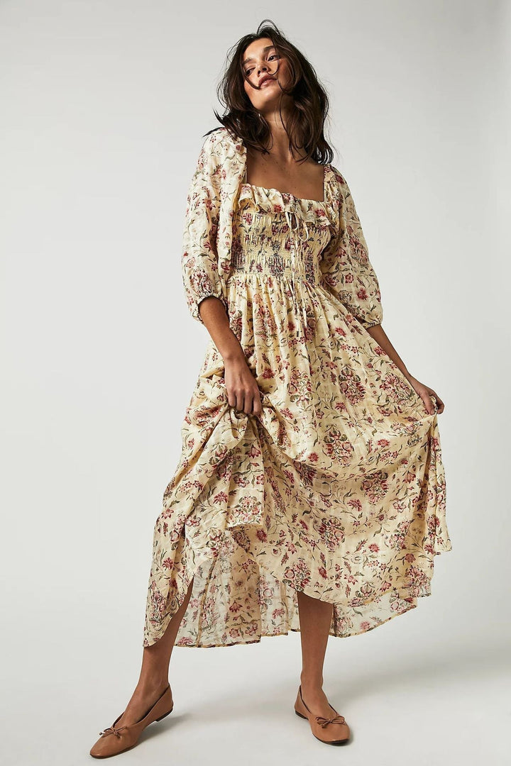 Midi-jurk Samira met print en ruches bovenaan
