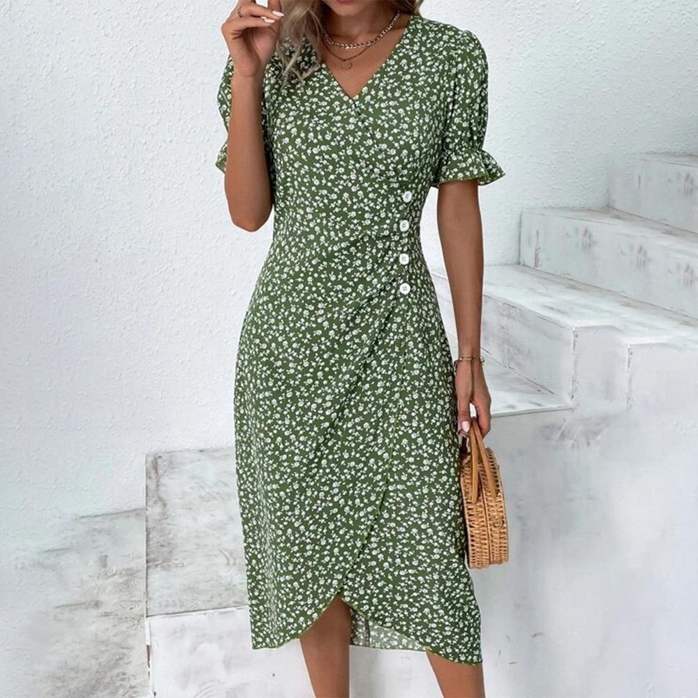 Blaire - Midi-jurk met korte mouwen, groene bloemenprint en knoopsluiting