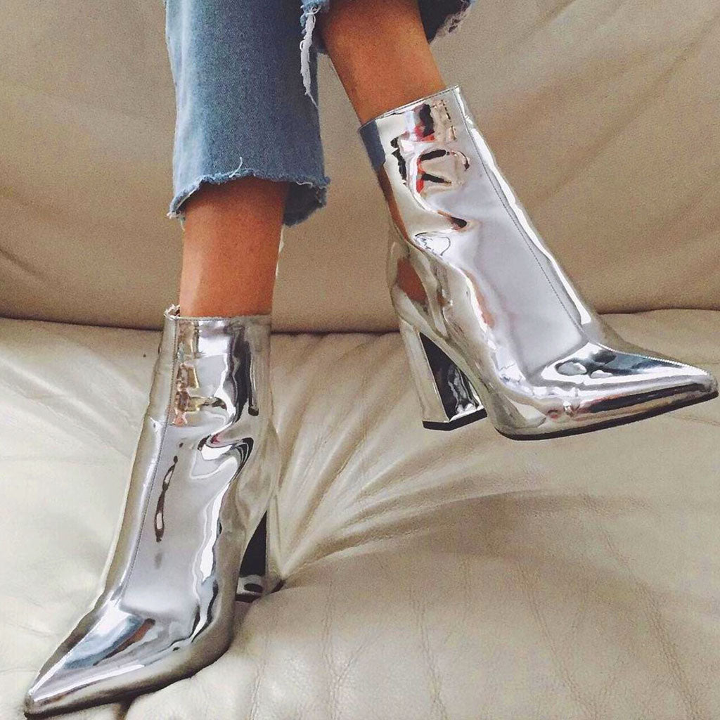 Camila - Metallic Spitse Teen Enkellaars met Chunky Heel Zip Side