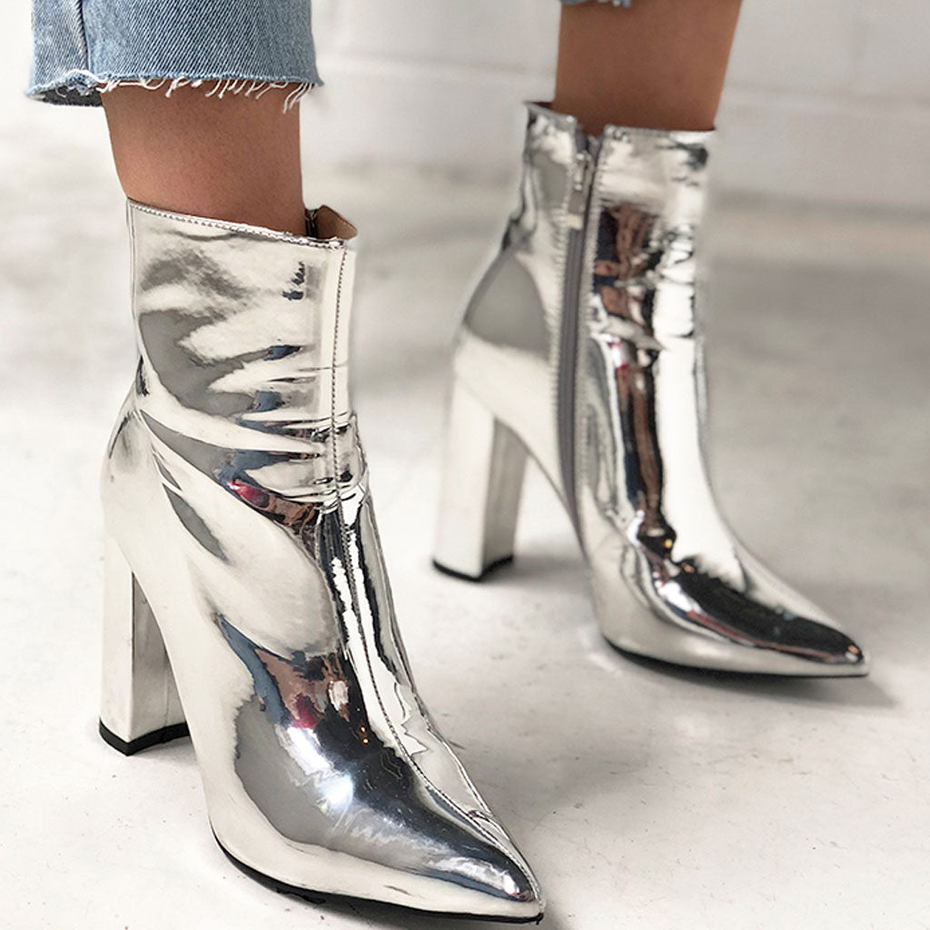 Camila - Metallic Spitse Teen Enkellaars met Chunky Heel Zip Side